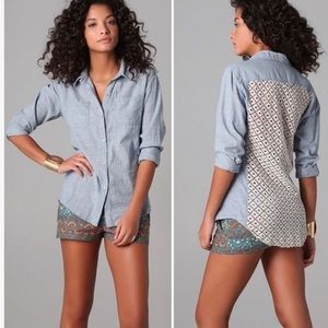 Free People Slubby Road Chambray Lace Back Top